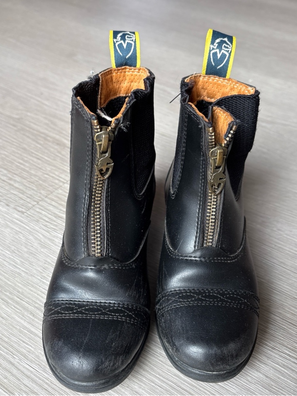 Kids Black Zip-Front Pull-On Leather Boots with Yellow Accent
